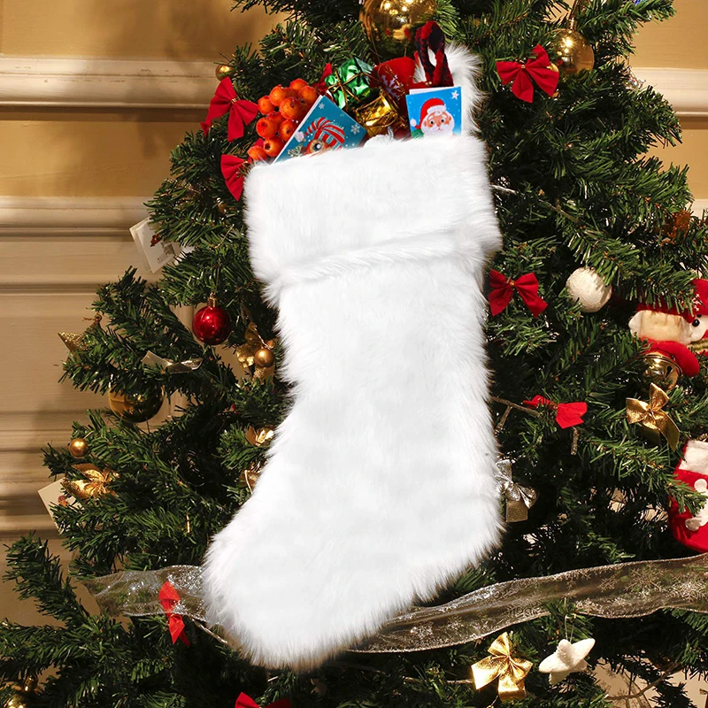 

White Plush Christmas Stocking Navidad Santa Sacks Gift Christmas Decorations For Home Candy Bag Hanging Xmas Tree Ornament