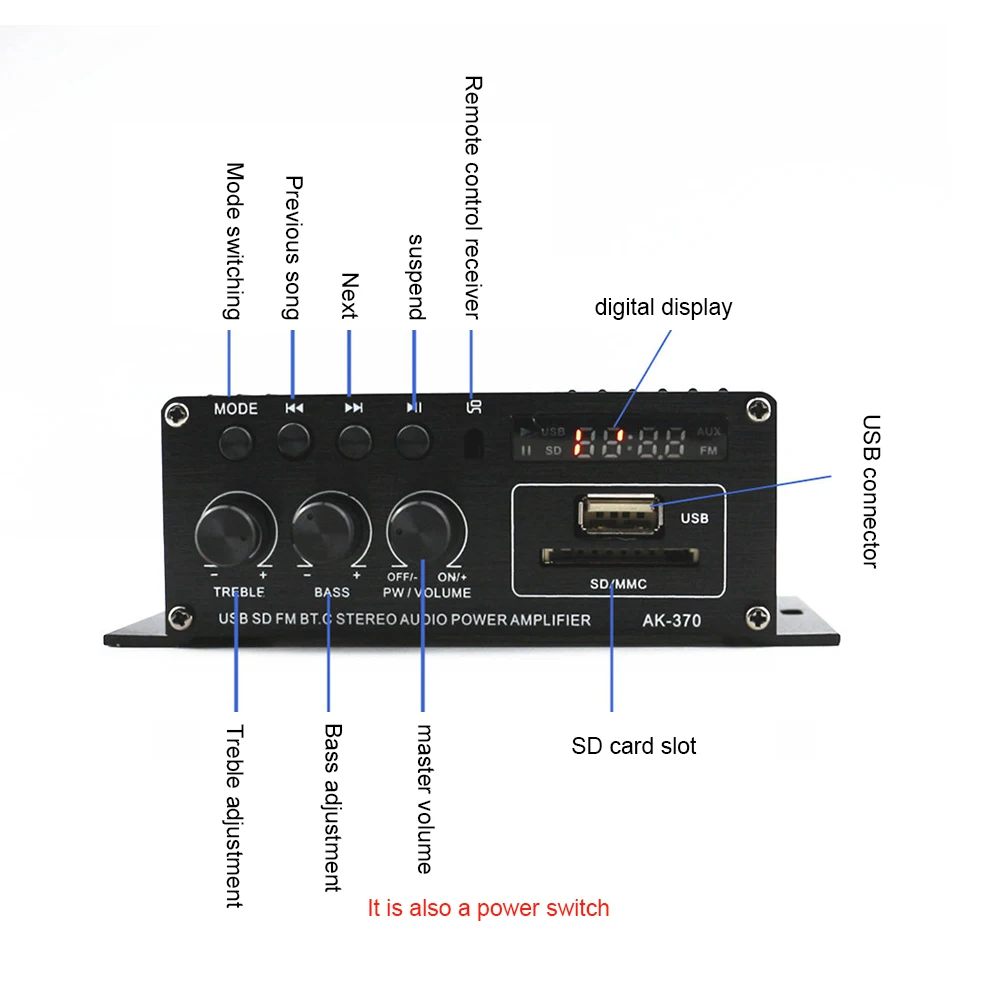AK-370 Home Theater Amplifier 2.0 Channel Audio Amplifier 20W+20W Digital Audio Amplifiers DC 12V Mini HIFI Stereo USB OTG Input