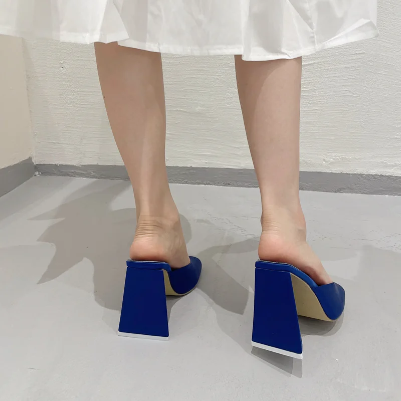Vanessas blue triangle high heels mules for women – runway square toe slip-on sandals