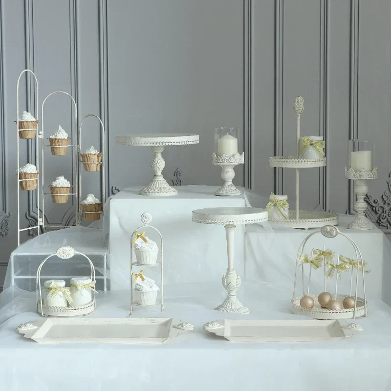 Vintage Beige Color Cake Stands Set for Wedding Birthday Party Reception Tableware Pastries Cupcakes Candy Food Plates Bakeware