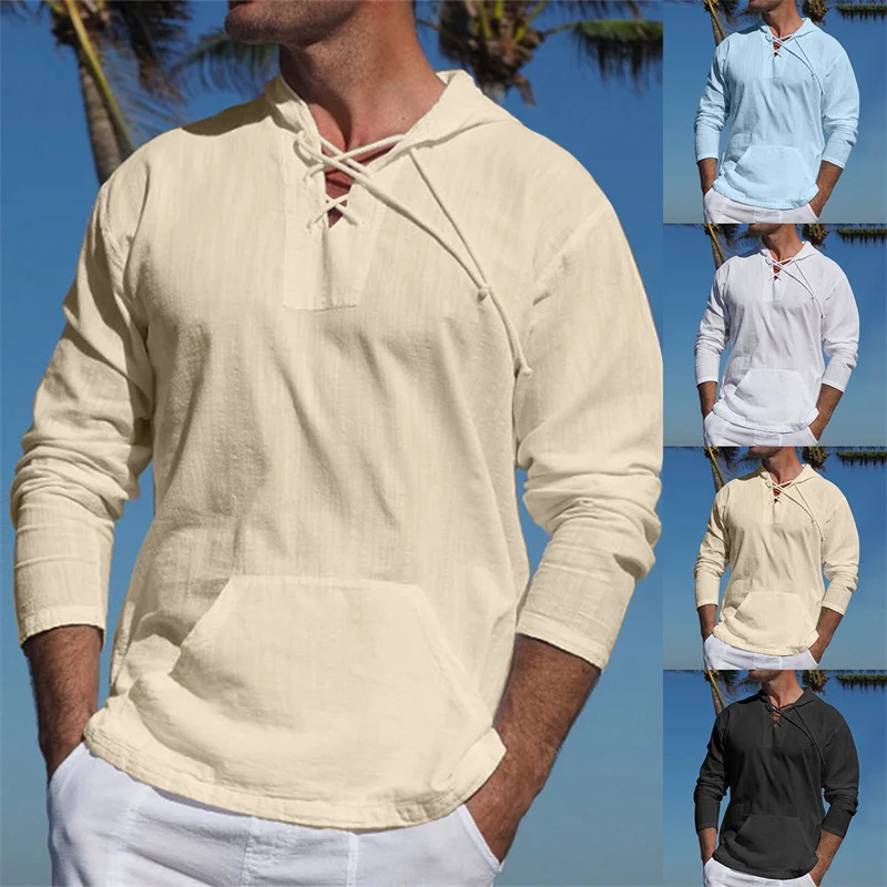 

Men's Casual Blouse Cotton Linen Shirt Loose Hooded designer Tops Long Sleeve Tee Shirt Spring Casual Handsome Men Shirts
