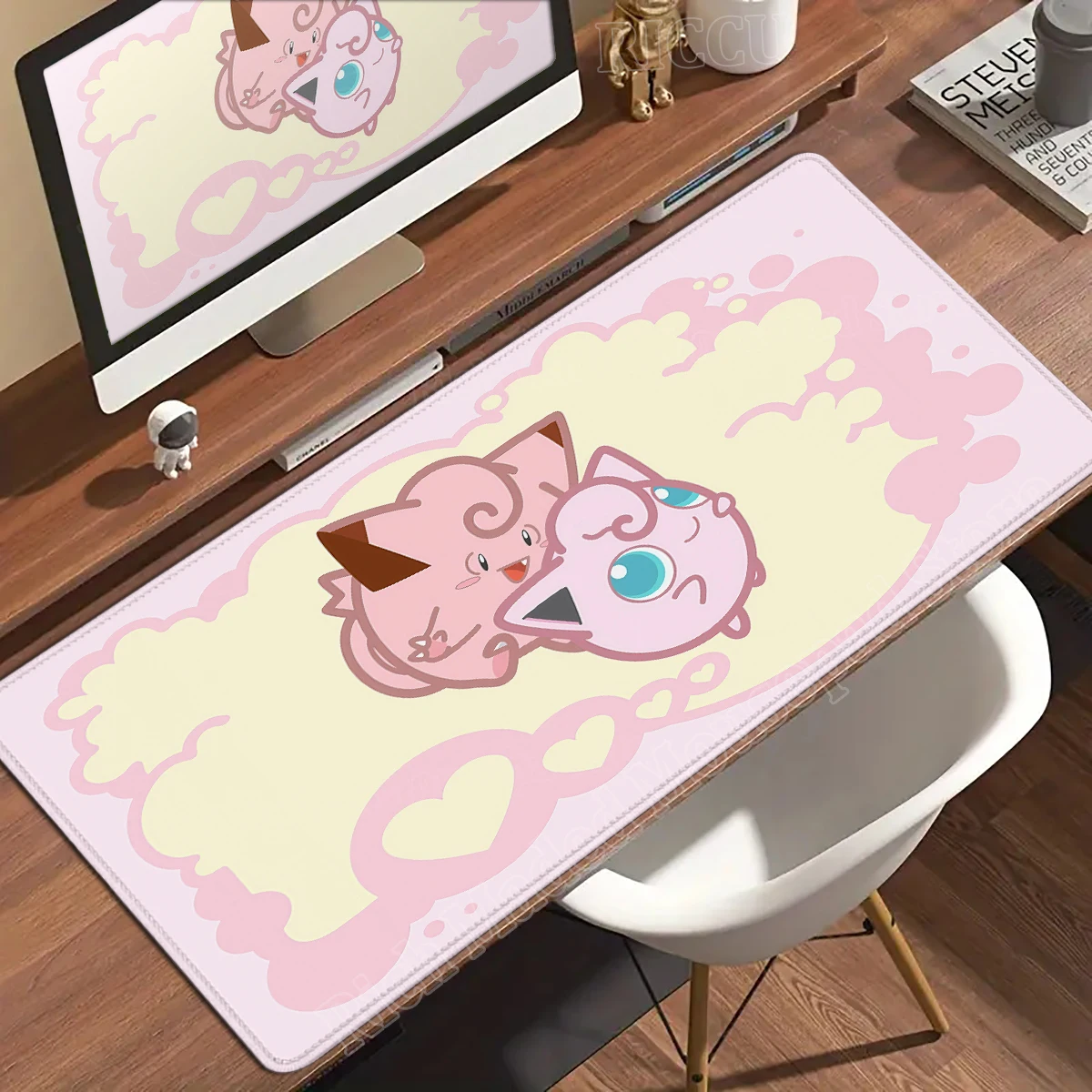 Kawaii Pink Anime Desk Mat with Clefairy & Jigglypuff Design