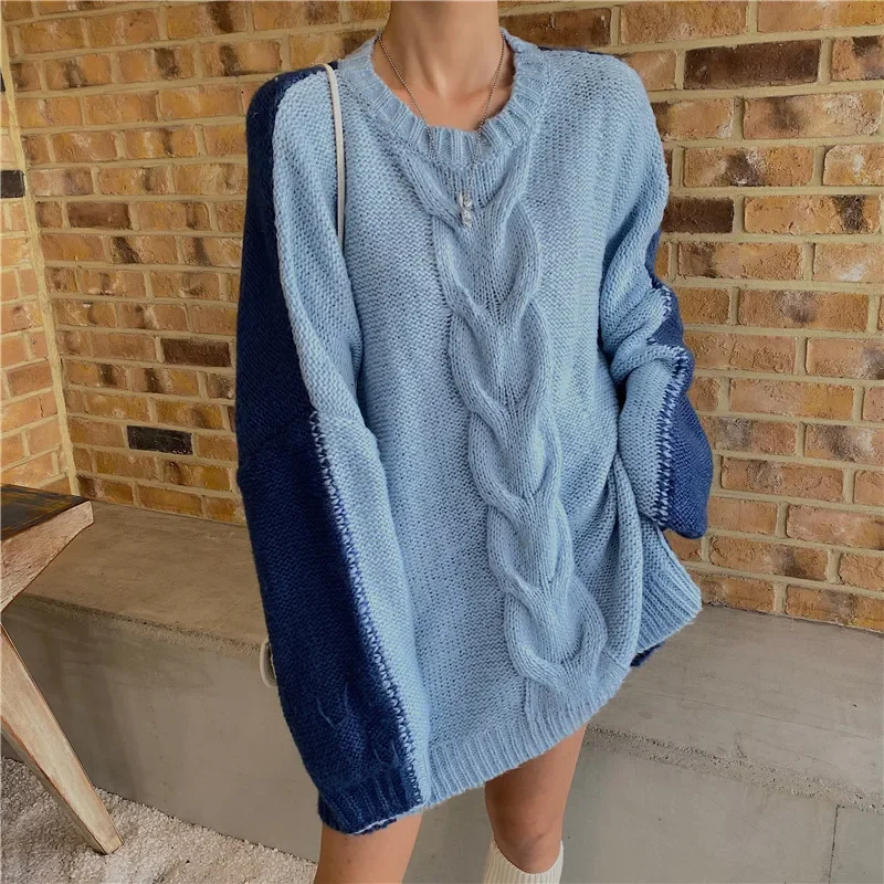 

[EWQ] Women Knit Sweater Pullover Cable Oversize Stitching Trend Sweater Knit Top Winter Fashion 2024 Keep Warm Queen Oversized