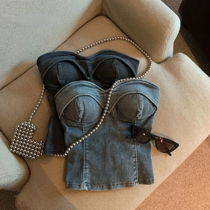 

2023 Fashion New Spicy Girl Vintage Denim Bra Top Tight One Shoulder Open Umbilical Short Wrap Chest Top