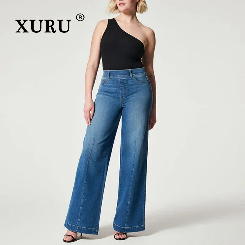 XURU - European and American New Wide Leg Mid Rise Jeans for Women, Blue White Long Jeans K7-8167