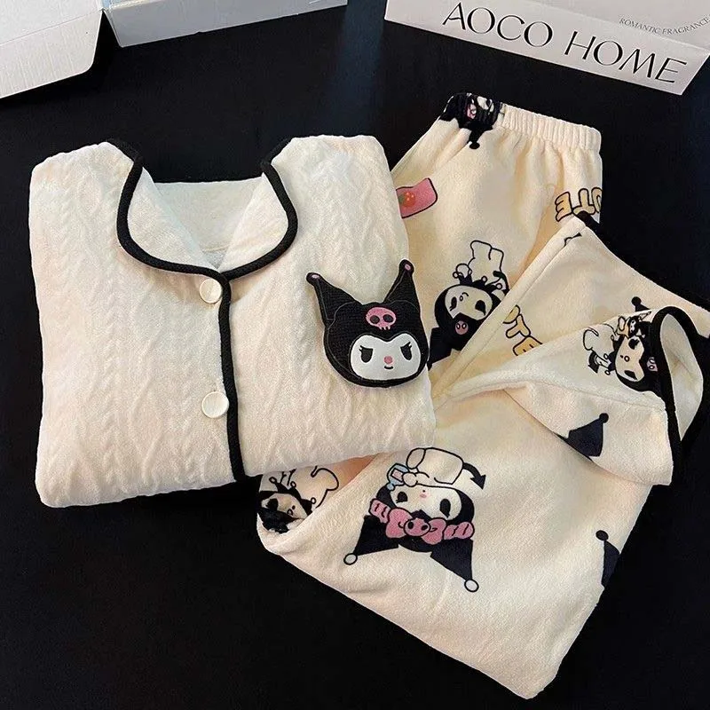 

23 Sanrio кавайная Пижама Set Kuromi Cinnamoroll погремушка аниме зимняя плотная Пижама Удобная теплая ленивая домашняя одежда для девушек