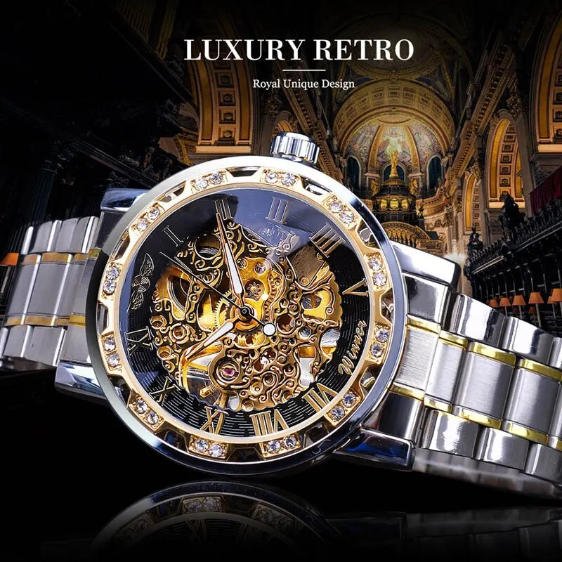 Mechanical Watch Men 1pc Silver Exquisite Diamond Gear Movement Business Luxury Gift
