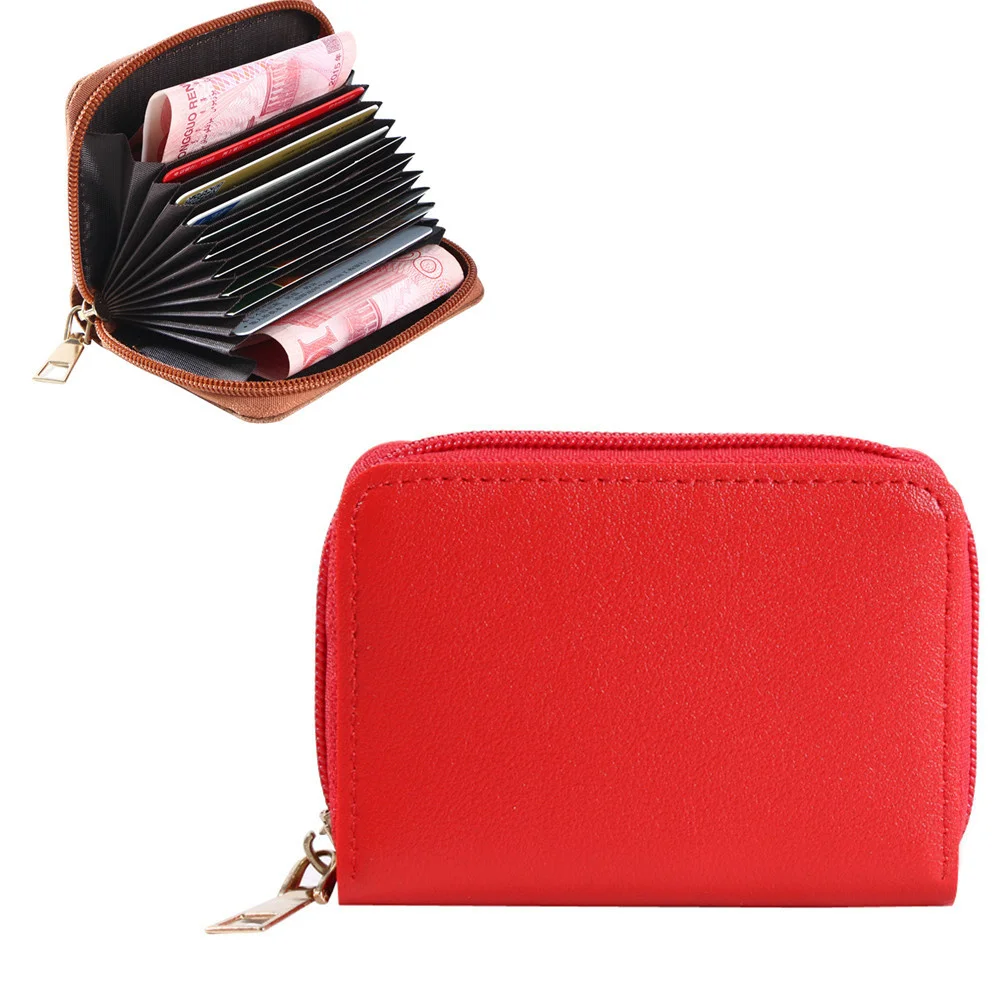 

PU Leather Men Women Card Holder Small Zipper Wallet Solid Color Coin Purse Accordion Design RFID ID Business Credit Card Bags