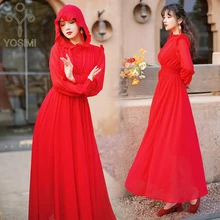 

YOSIMI Red Chiffon Long Women Dress 2022 Summer Fit and Flare Ankle-Length Lady Maxi Dress Elegant Long Sleeve Dress with Hooded