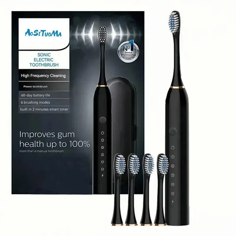 Toothbrush Set Electric Toothbrush Black Series Ultra Whitening Toothbrush 4 Brush Head and USB Rechargeable Ultrasonic Toothbrush