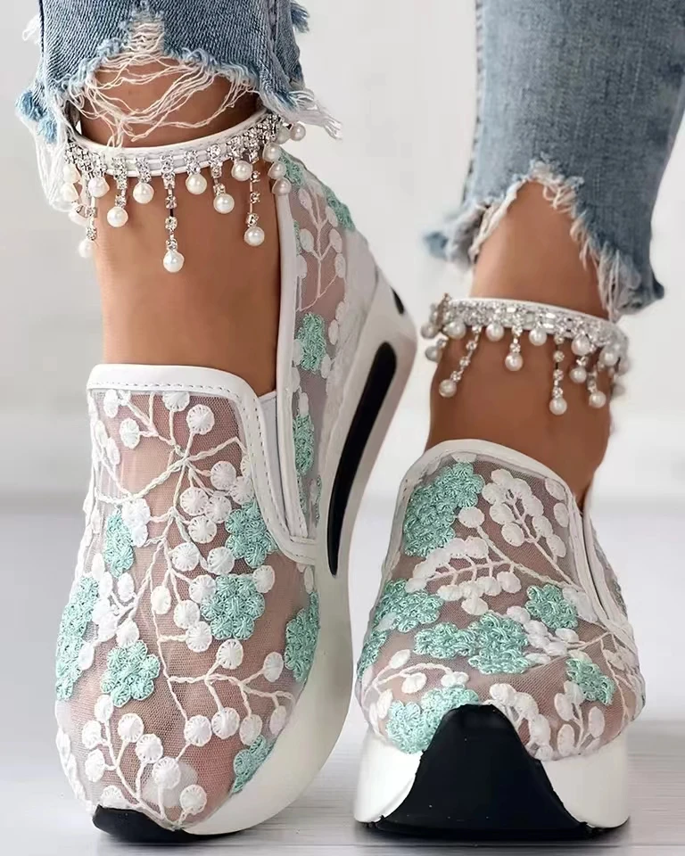 Women's Floral Embroidery Mesh Slip on Sneakers Comfy Heeled Shoes,women shoes