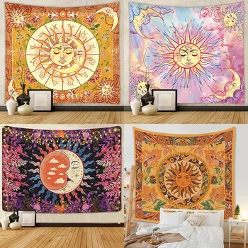 Belle tapisserie de décoration intérieure, fleurs de mandala psychédélique, soleil et lune, mur de la maison 1