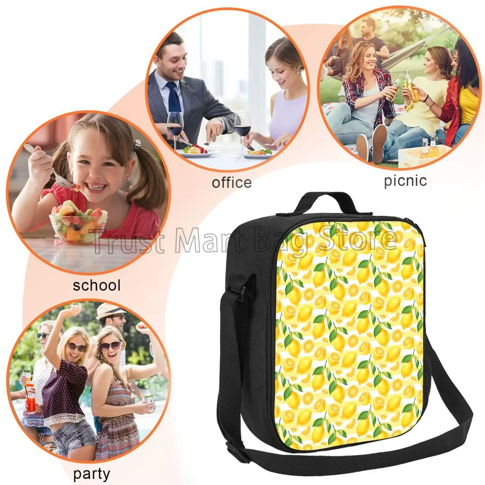 Lemon Flowers Lunch Bag Insulated Reusable Tote Bag for Kids Adults Thermal Cooler Bag with Adjustable