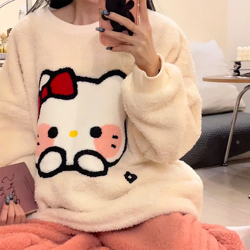 

Kawaii Sanriod аниме Hello Kitty Cinnamoroll женская пижама осень-зима коралловый бархат с круглым вырезом утолщенный домашний комплект