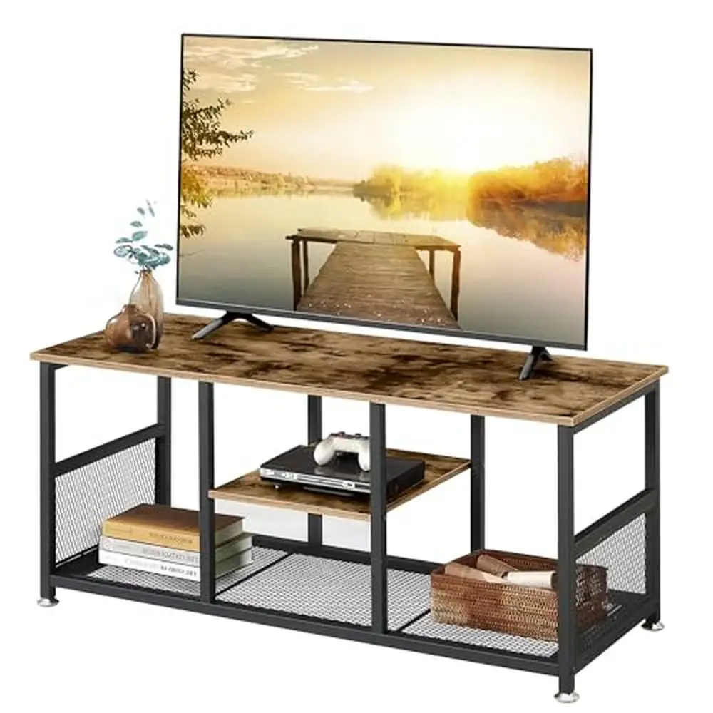 

Industrial 2-Tier Open Storage Media Console TV Stand Wooden Coffee Table Retro Finish Wood Grain Support TVs up to 50 Inches