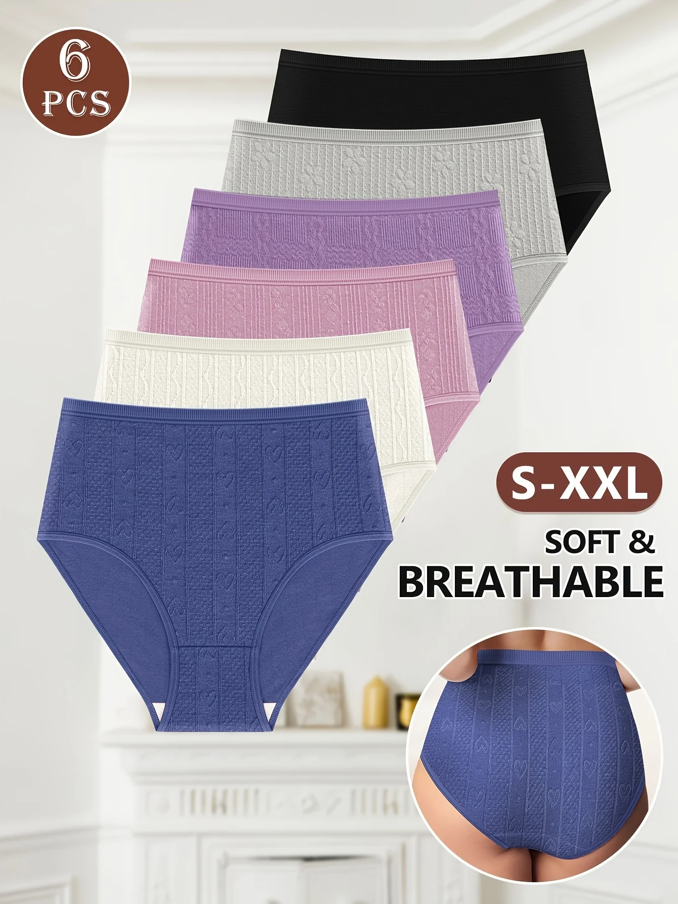 6-pak majtek damskich z wysokim stanem, eleganckie, jednolite, z dzianiny, wygodna, oddychająca bielizna z