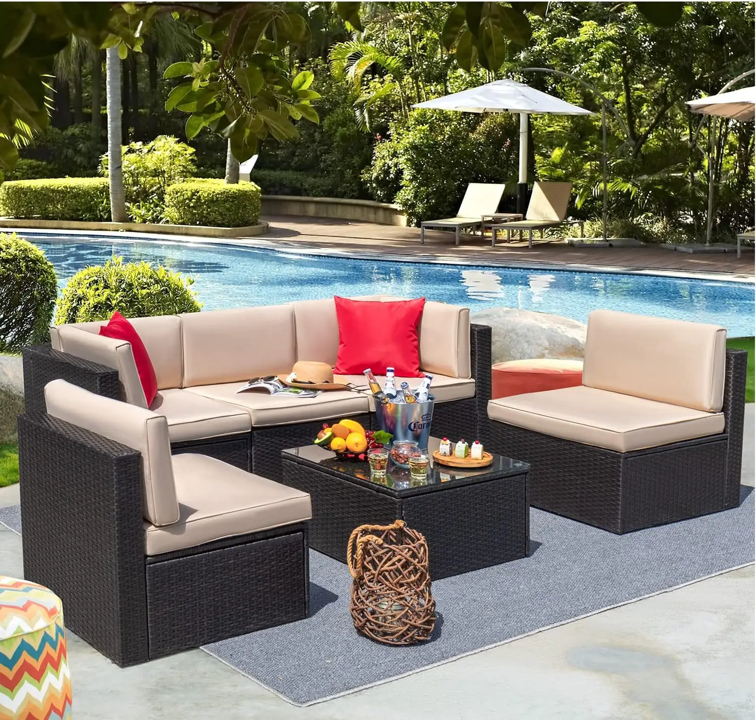 

Patio Furniture Sets 6 Pieces Outdoor Sectional Rattan Sofa Manual Weaving Wicker Patio Conversation Set with Glass Table
