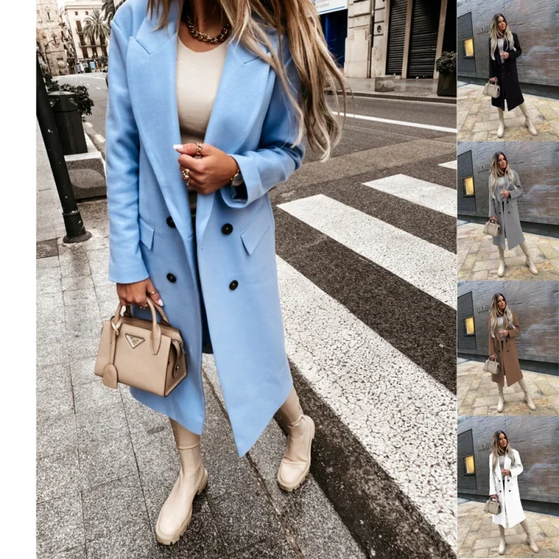 Autumn Women's Long Woolen Coat Retro Fashion Women's  Long Sleeve  Blue Casual Winter Street Wear Loose Coat