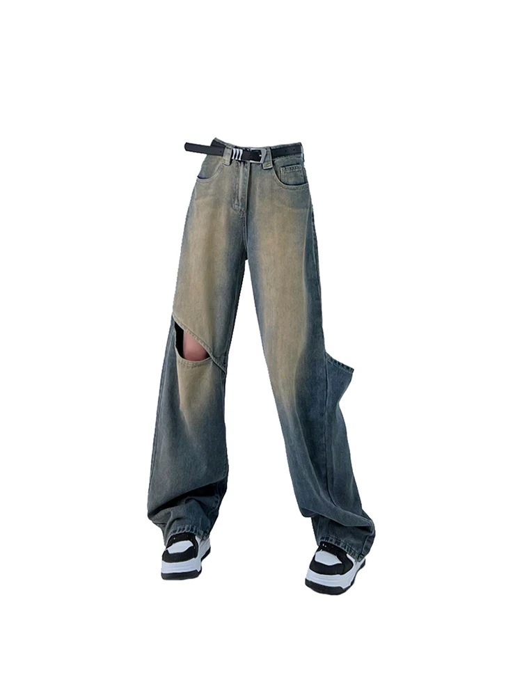 

Women's Blue Jeans Baggy High Waist Washed Jeans Pants Fashion Streetwear Korean Y2k Vintage Punk Hollow Out Wide Leg Jeans 2023