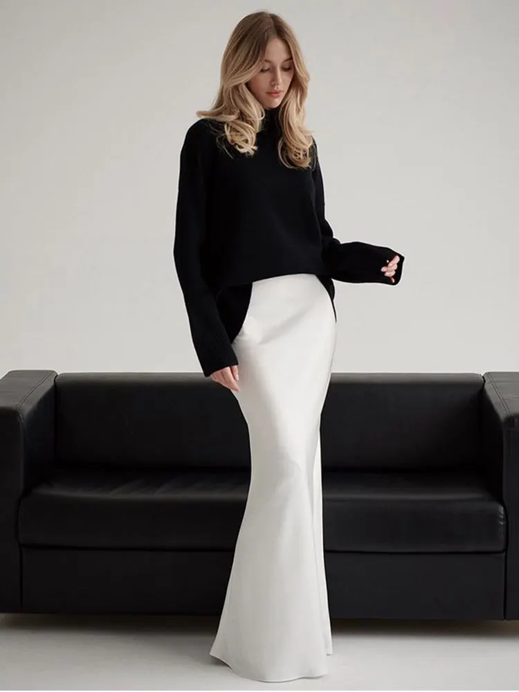 Elegant Satin White Long Skirt Women Fashion Slim High Waist