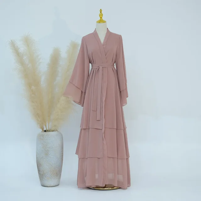 Mousseline de soie Abaya Kimono dubaï musulman Cardigan couches Abayas femmes Robe décontractée femme Islam vêtements avec ceinture Abaya tenues arabes