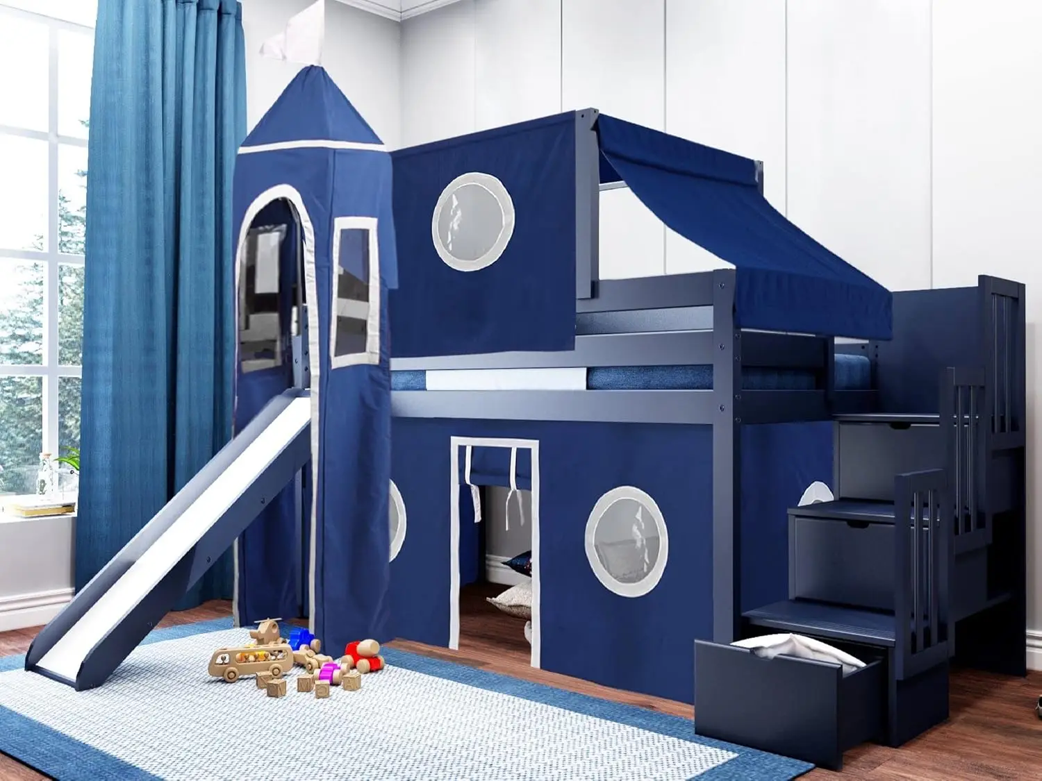 Castle Low Loft Stairway Bed with Slide Blue & White Tent and Tower Loft Bed Twin Suitable for Attic Beds Stairs Slides Only