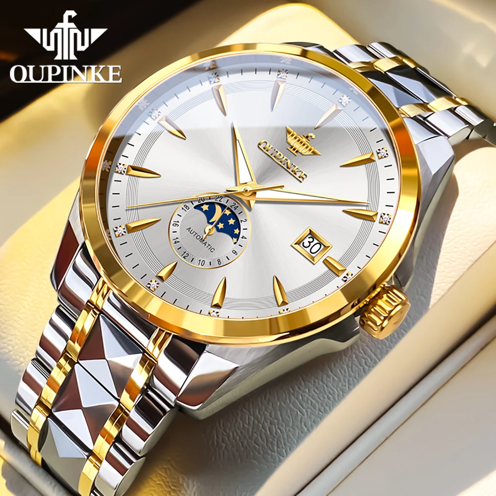 OUPINKE 3292 Moon Phase Luxury Original Men's Watches Fully Automatic Mechanical Watch 50m Waterproof Sapphire Top Watch for Man
