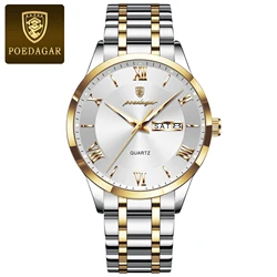 Luxury Men's Waterproof Stainless Steel Watch with Luminous Display and Date Function (978 Gold White)