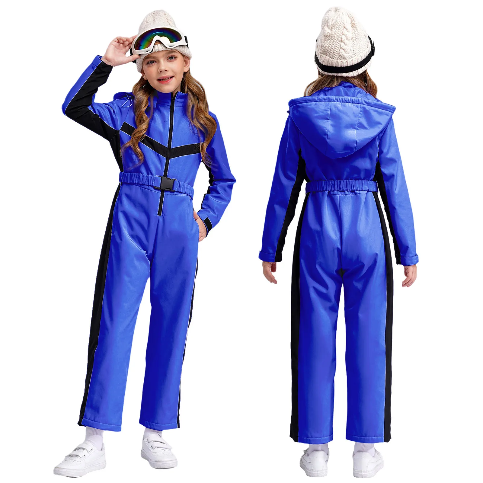 Kinder Mädchen Skifahren Snowboarden Kapuzenoverall Langarm Reißverschluss Winddichter Body mit Gürtel Schnee Sport Skating Kostüm – Detail 35