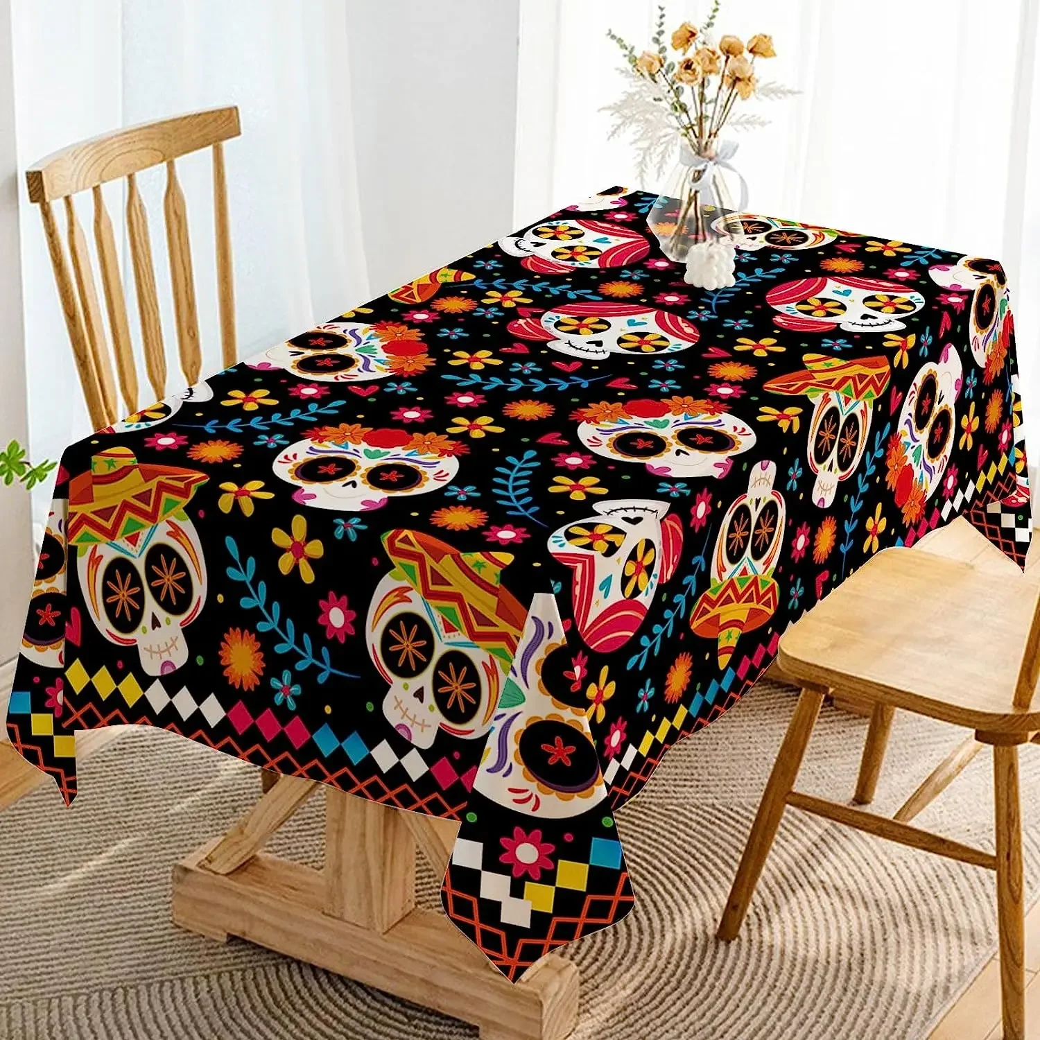 Day of The Dead Rectangle Tablecloth Sugar Skull Halloween Decor Mexican Fiesta Dia DE Los Muertos Waterproof Tablecloth Decor
