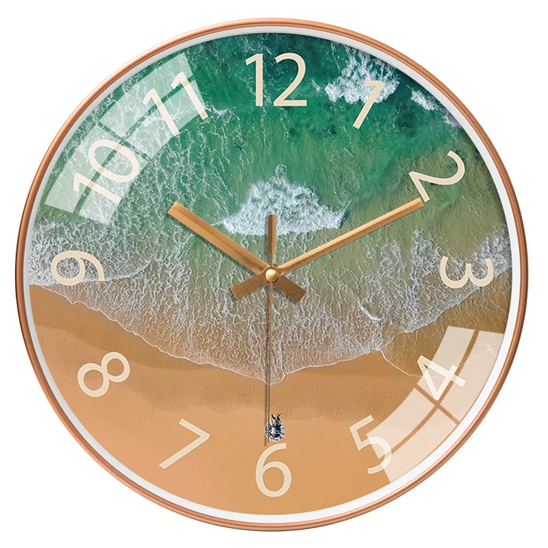 Large Round Wall Clock Gold Silent Sea Art Color:J;Sheet Size:12 inch