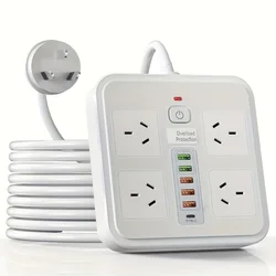 Power Board with USB & Type C Ports, Overload Protection, 2m Cable - Black/White - White