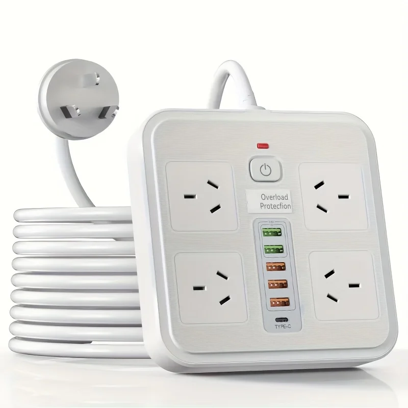 AU Plug Power Board with 5 USB Ports 1 Type C Port Power Adapter Socket Overload Protection Network Filter 2 m Cable Black White