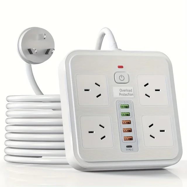 AU Plug power board พร้อมพอร์ต USB 5 พอร์ต 1 พอร์ต Type C ปลั๊กอะแดปเตอร์ไฟ ป้องกันการโอเวอร์โหลด ตัวกรองเครือข่าย สายเคเบิล 2 ม. สีดํา สีขาว 1