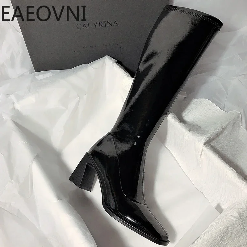 Women Winter High Heel Knee High Boots Fashion Square Toe Long Knight Bootties