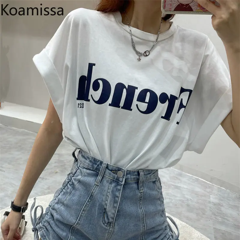 

Koamissa Fashion Cotton Women Short Flying Sleeves T-shirt Ladies O-neck Causal Loose Tshirt Korean Chic Summer All Match Tees