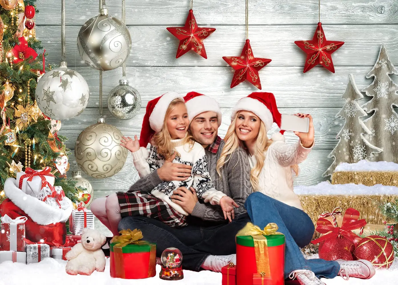 Christmas Party Photo Backdrop Xmas Tree Gift Fireplace Window Wood Door Snowman