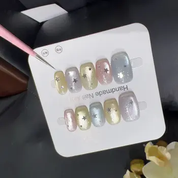 10PCS Colorful Cat Eye Handmade Short Square Press on Nails Glitter Stars Patterns French Fake Nails for Girls Sweet False Nails