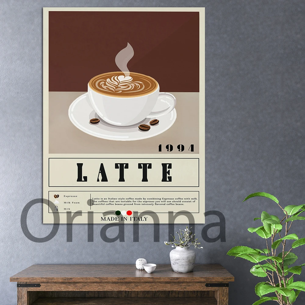 

Cafe Latte Poster, Coffee Print, Italıan Coffee,Retro Poster,Housewarming Gift,Kitchen Decor, Mid Century Wall Art Canvas Poster