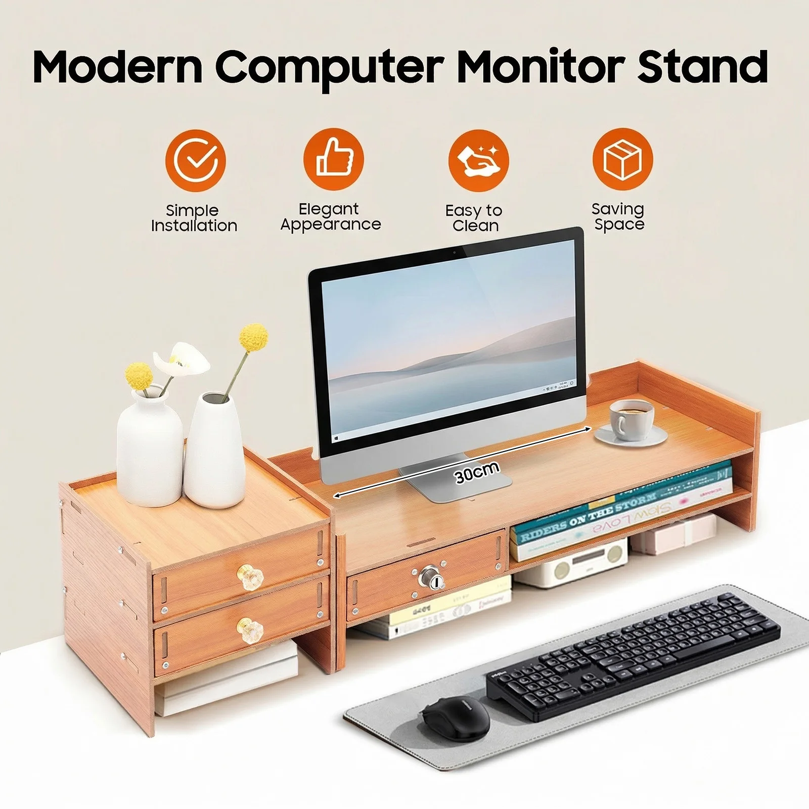 Computer-Monitorständer, multifunktionaler Computer-Aufbewahrungsorganisator mit 4 Schubladen, 2-stöckiges Computerregal für Studium, Büro, Schreibtisch – Detail 2