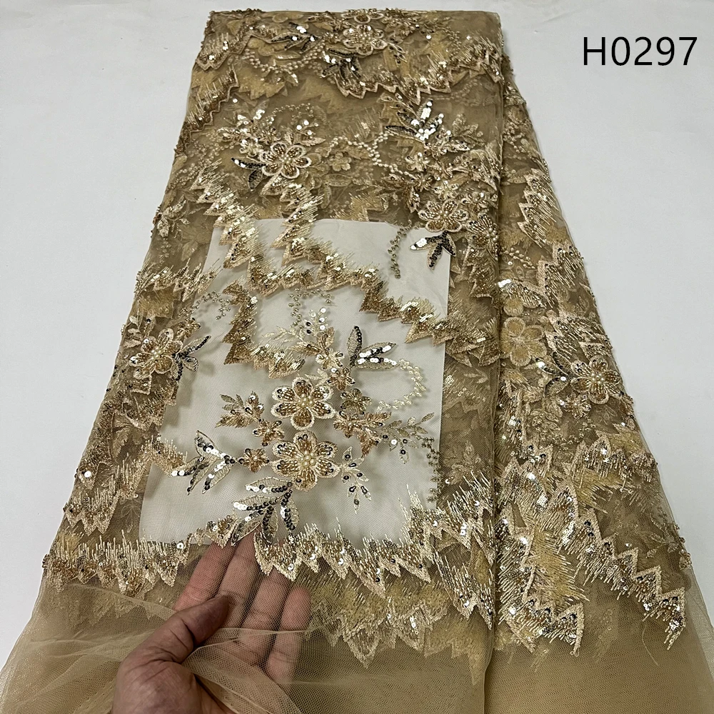 

African Mesh Sequin Beaded Fabric Embroidery Tulle 5Yards Lace Wedding Dress For Women Fabrics By The Sewing Meters Cloth H0297