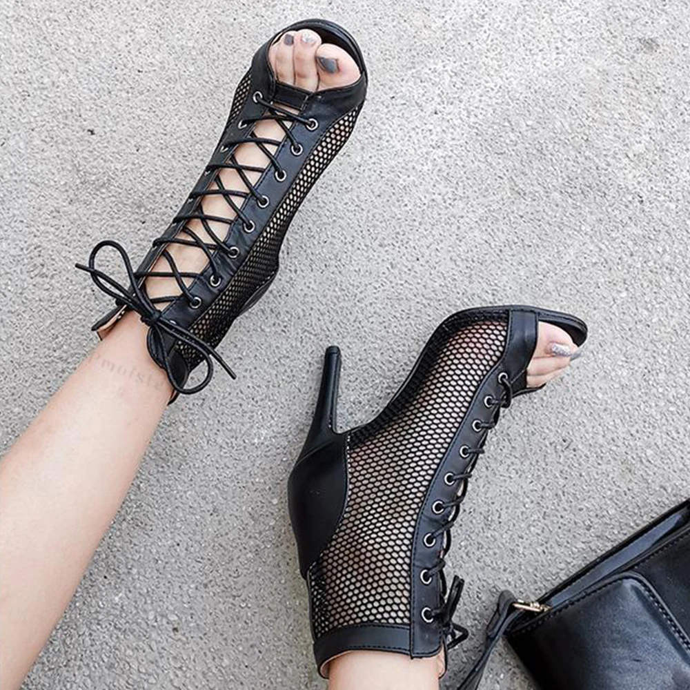 

9.5CM Women High Heels Dance Shoes Large Mesh Black Boots Sexy Peep Toe Thin Heels For Ballroom Jazz Stilettos 2024 new arrival