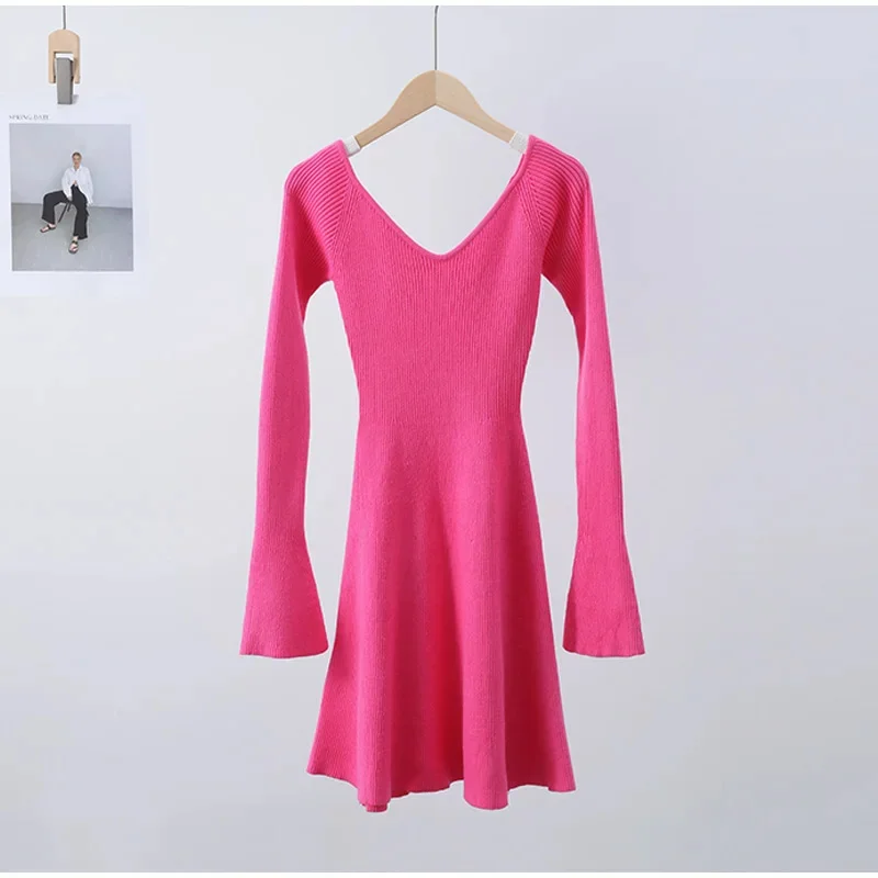 Knit Off-Shoulder V-Neck Mini Dress For Women Ribbed Loose Casual High Waist Long Sleeve Knitwear Dress Women's Mini Dress