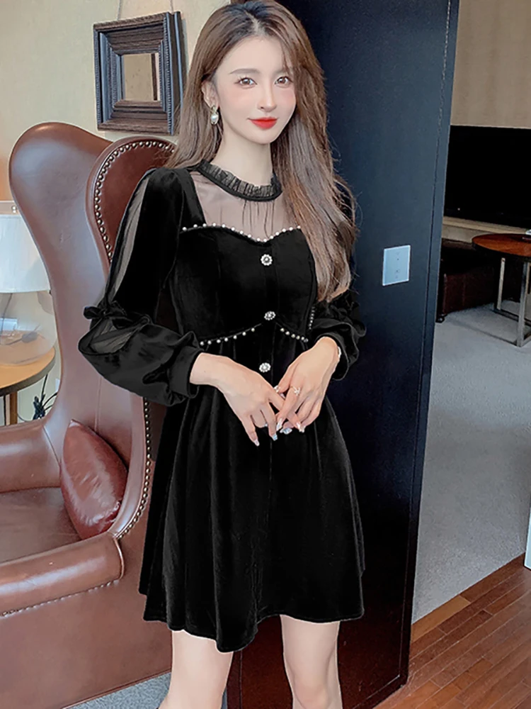 

2023 Black Velvet Patchwork Mesh Sheer Sexy Club Mini Dress Women Chic Beading Ruffled Collar Dress Autumn Winter Korean Dresses