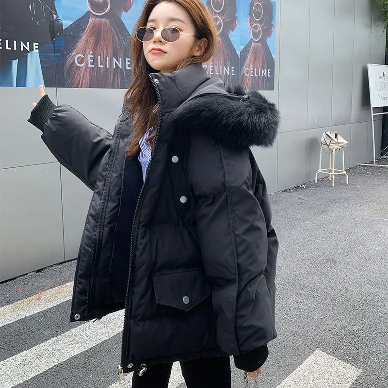 2023 New Women Down Cotton Coat Winter Jacket Female Short Parkas Loose Thick Warm Outwear Hooded Fur Collar Versatile Overcoat