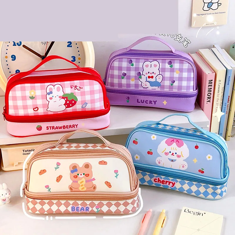 

4 pcs/lot Cartoon Rabbit Bear Pencil Box Double Layers Animal Pencil Case Stationery Pen Bag Stationery Office School Supplies