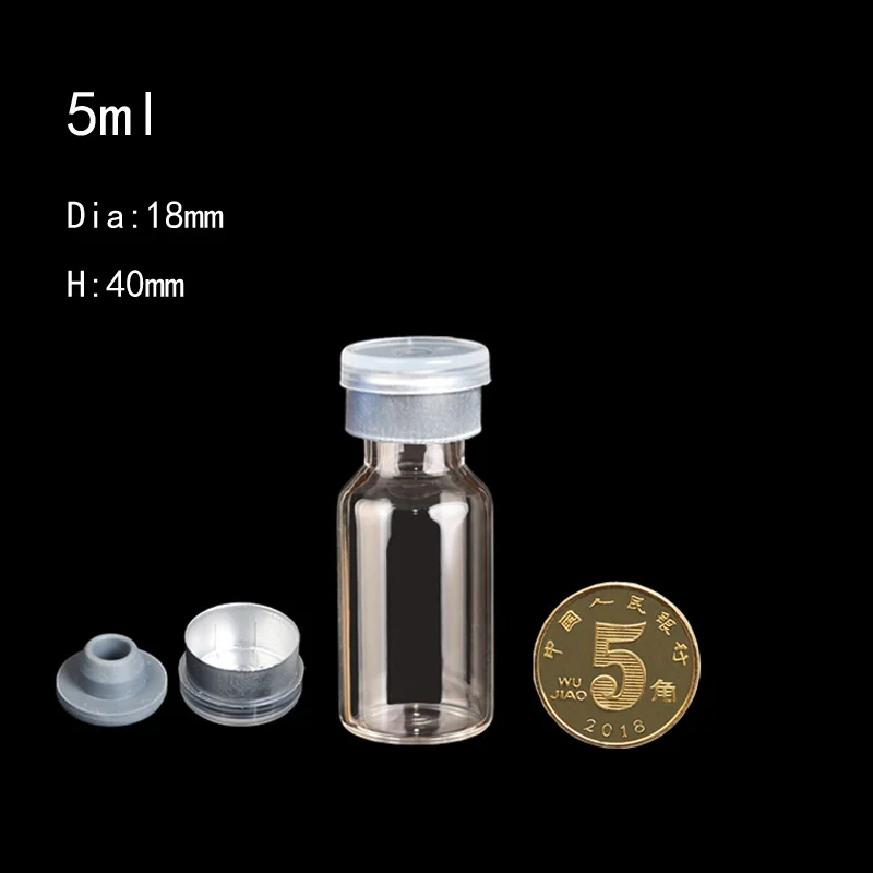 2ml 5ml 100pcs Clear Empty Glass Vials with Silicone Butyl Stopper Plastic Caps Cosmetic Injection Glass Bottles With Crimp Neck