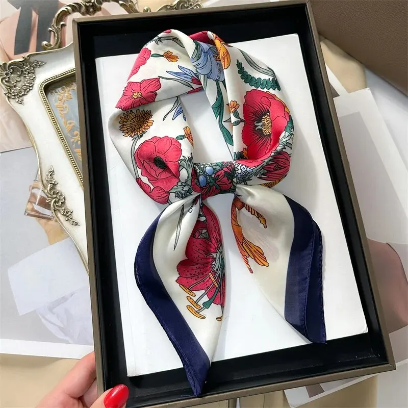 Luxury Print Silk Feeling Square Scarf Women Spring Neck Tie Shawl Wraps Female 70cm Hair Hand Wrist Headkercheif Hijab Bandana 2