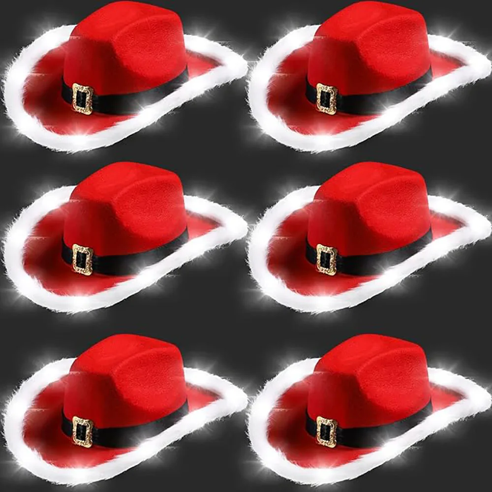 

1/2/4 Pcs Christmas Cowboy Cowgirl Hat with LED Lights Light Up Santa Claus Cowboy Hat Red and White Cowboy Hats for Adults Kids