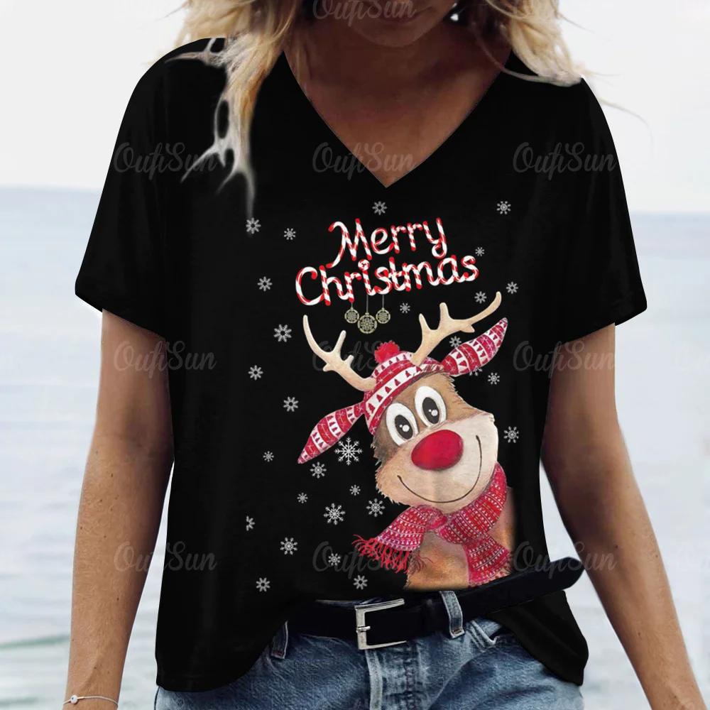 New Christmas T-Shirt For Women Holiday Short Sleeve 3d Elk Printed V Neck  Top Cute Ladies Clothing Fashion Kawaii Women's Shirt